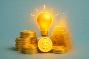 Lâmpada dourada representando mentalidade financeira e transformação de ideias em dinheiro