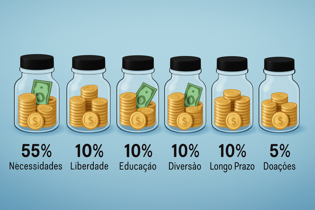 potes de vidro, com moedas e notas dentro