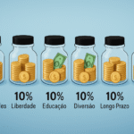 potes de vidro, com moedas e notas dentro
