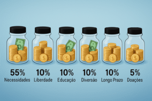 potes de vidro, com moedas e notas dentro